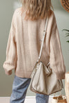 Pale Khaki Solid Color Cable Knit Ribbed Loose Sweater