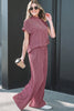 Burgundy Twisted Ribbed High Neck Loose Tee Elastic High Waist Loose Pant Set