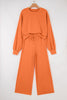 Flamingo Drop Shoulder Puff Sleeve Crop Pullover Drawstring Wide Leg Pants Set