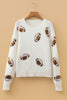 Beige Sequin Football Print Round Neck Long Sleeve Loose Fit Sweater