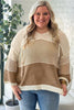 Parchment Colorblock Hollowed Knit Plus Size Hooded Jumper Sweater