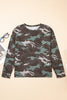 Green Camouflage Print Textured Drop Shoulder Long Sleeve Top