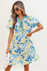Blue Floral Striped Trim Puff Short Sleeve Dress