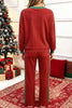 Red Cozy Ribbed Patchwork Polka Dot Trim Long Sleeve 2pcs Pant Set