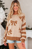 Straw Yellow Ribbon Bow Print Checkered Striped Sleeve Drop Shoulder Sweater