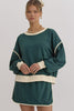 Evergreen Color Contrast Loose Pullover and Lace-up Waist Skirt Set