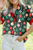 Green Christmas Fashion Print Contrast Trim Frilled Neck Short Sleeve Blouse