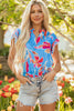 Sky Blue Floral Print V Neck Pompom Trim Flutter Sleeve Blouse