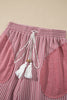 Fushia Raw Seam Patchwork Long Sleeve Top Pocket Casual Pants 2pcs Set