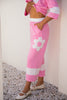 Orchid Bouquet Big Flower Patched Raw Seam Color Block 2 Piece Loose Pant Set