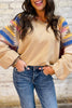 Light French Beige Aztec Patchwork Raglan Pullover Sweatshirt