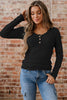 Skobeloff Lace Neckline Button Decor Lettuce Edge Long Sleeve Ribbed Top