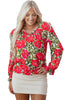 Red Floral Print Lace up V Neck Flounce Sleeve Blouse