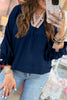 Violet Leopard Trim V Neck Flounced Bracelet Sleeve Blouse