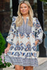 Sky Blue Plus Size Boho Print Split Neck Long Sleeve Mini Dress