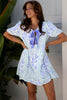 Sky Blue Leopard Contrast Bow Puff Sleeve Mini Dress