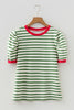 Green Stripe Short Puff Sleeve Contrast Trim Round Neck Tee