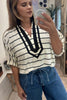 White Stripe Stand Collar V Neck Elastic Cuffs Half Sleeve Dolman Top