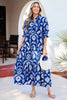 Blue Wild Floral Print Frilled Collar Half Sleeve Long Dress