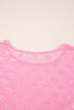 Pink Plus Size Bow Embroidered Mesh Long Sleeve Top
