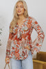 Orange Floral Print Deep V Neck Knot Bell Sleeve Blouse