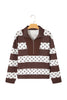 Brown Stripe Patchwork Polka Dot Accent Quarter Zip Long Sleeve Top