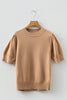 Light French Beige Solid Color Knit Short Puff Sleeve Sweater