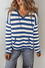 White Stripe V Neck Pocketed Drawstring Hooded Sweater