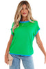 Green Contrast Trim Round Neck Short Sleeve Loose Knit Sweater