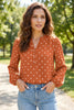 Brown Polka Dot Half Button V Neck Long Sleeve Blouse