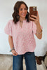 Iceland Blue Floral Textured Jacquard Puff Sleeve Blouse
