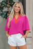 Rose Red Contrast V Neck Colorblock Wide Short Sleeve Top