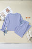 Beau Blue Flounce Long Sleeve Top Drawstring Pants Contrast Velvet Bow Knot 2pcs Lounge Set