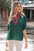 Evergreen Contrast Plaid Patchwork V Neck Half Sleeve Blouse