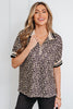 Brown Leopard Print Half Zip Striped Trim Patchwork Short Sleeve Top