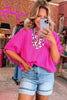 Rose Red Dolman Half Sleeve Leopard Patchwork Trim V Neck Blouse