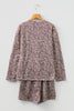 Khaki Leopard Ribbed Long Sleeve Top Drawstring Shorts 2pcs Outfit