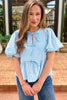 Sky Blue Stripe Bow Knot Textured Short Puff Sleeve Babydoll Blouse