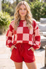 Red Checkerboard Plaid Long Sleeve Solid Color Shorts 2pcs Set
