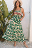 Green Western Aztec Shirred A-line Sleeveless Maxi Dress