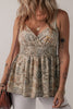 Khaki Paisley Printed Spaghetti Strap V Neck Smocked Babydoll Tank Top