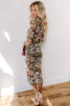 Brown Floral Allover Print Mock Neck Bodycon Long Sleeve Midi Dress