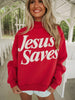 Fiery Red Jesus Saves Slogan Print Stand Neck Baggy Sweatshirt