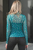Green Polka Dot Patterned Bodycon Mock Neck Mesh Long Sleeve Top
