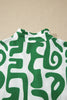 Green Abstract Print Striped Trim V Neck Short Sleeve Blouse