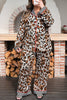 Khaki Plus Leopard Print Contrast Piping Striped Patchwork 2pcs Long Pajama Set
