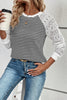 Black Stripe Textured Knit Contrast Hollowed Lace Patchwork Long Sleeve Top
