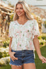 Pink Floral Puff Sleeve V Neck Tied Front Peplum Blouse