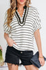 White Stripe Stand Collar V Neck Elastic Cuffs Half Sleeve Dolman Top