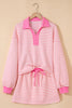 Pink Stripe Collared V Neck Drop Shoulder Pullover and Skort 2pcs Outfit